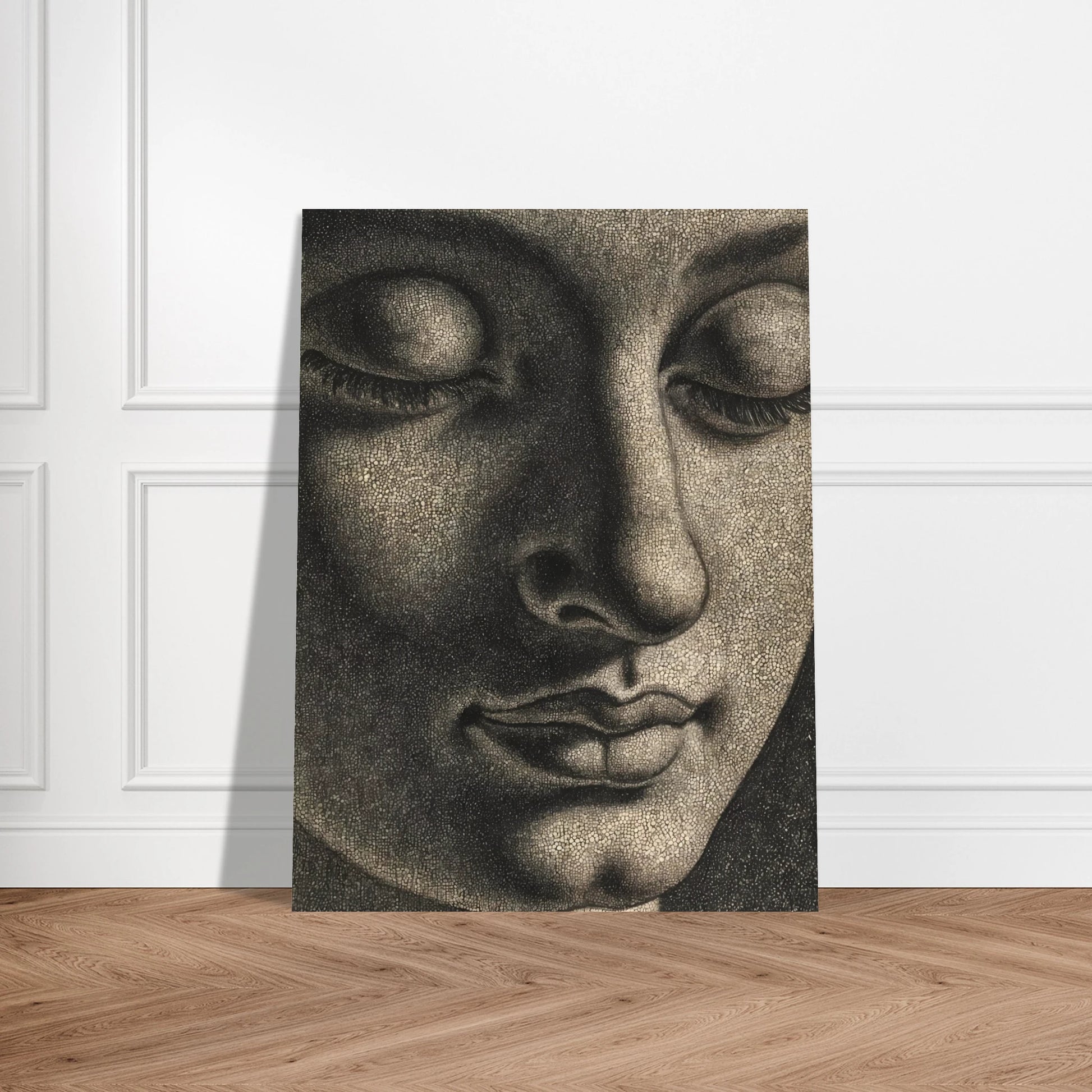 A contemplative monochrome portrait with lowered eyes and soft shadows evokes serenity, introspection, and timeless spiritual calm.