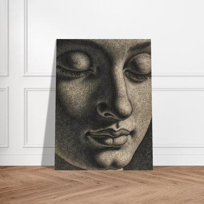 A contemplative monochrome portrait with lowered eyes and soft shadows evokes serenity, introspection, and timeless spiritual calm.