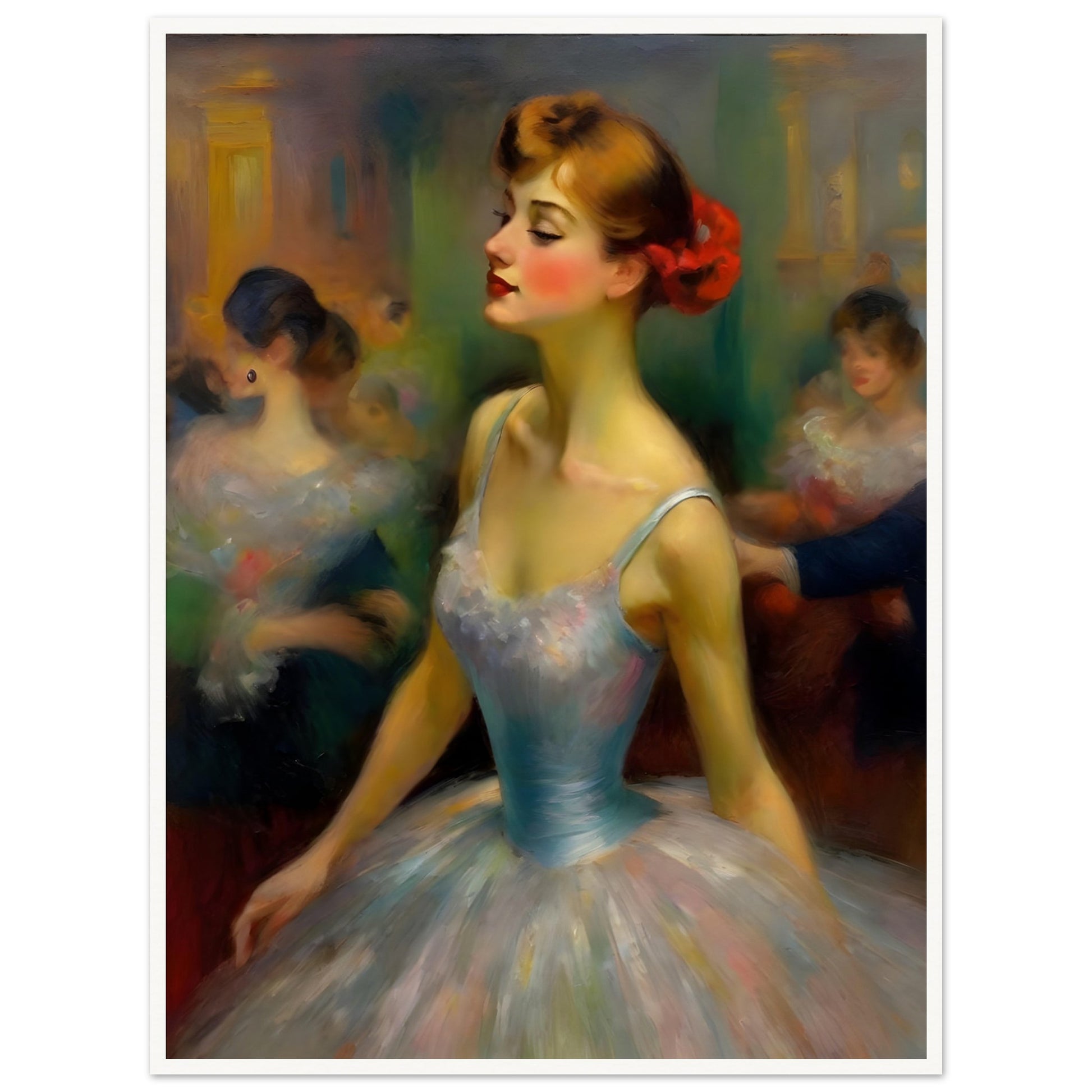 A captivating portrait of a ballerina in a pastel gown with a red flower in her hair, exuding grace and elegance in a dimly lit ballroom.