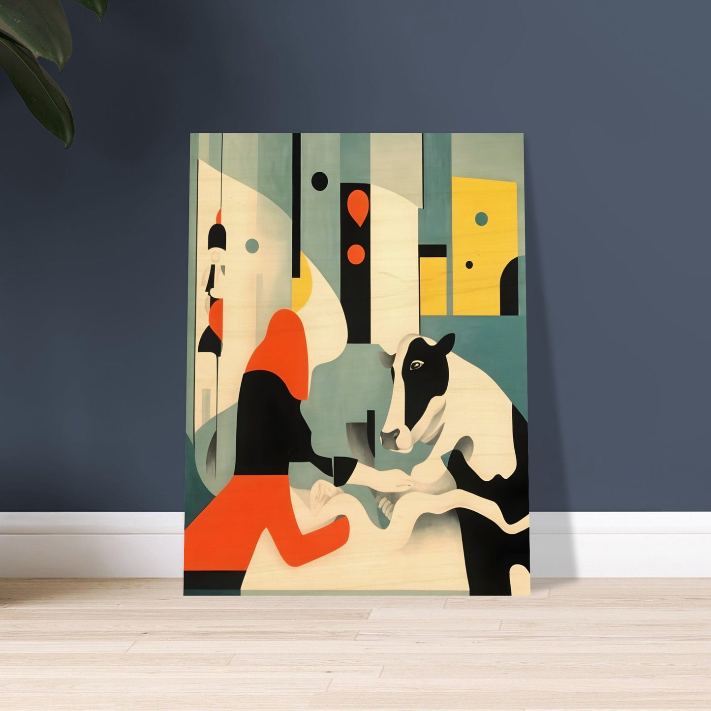 An abstract painting featuring a black-and-white cow interacting with a figure in a bold red and black outfit, set against a geometric background in shades of teal, yellow, and cream.