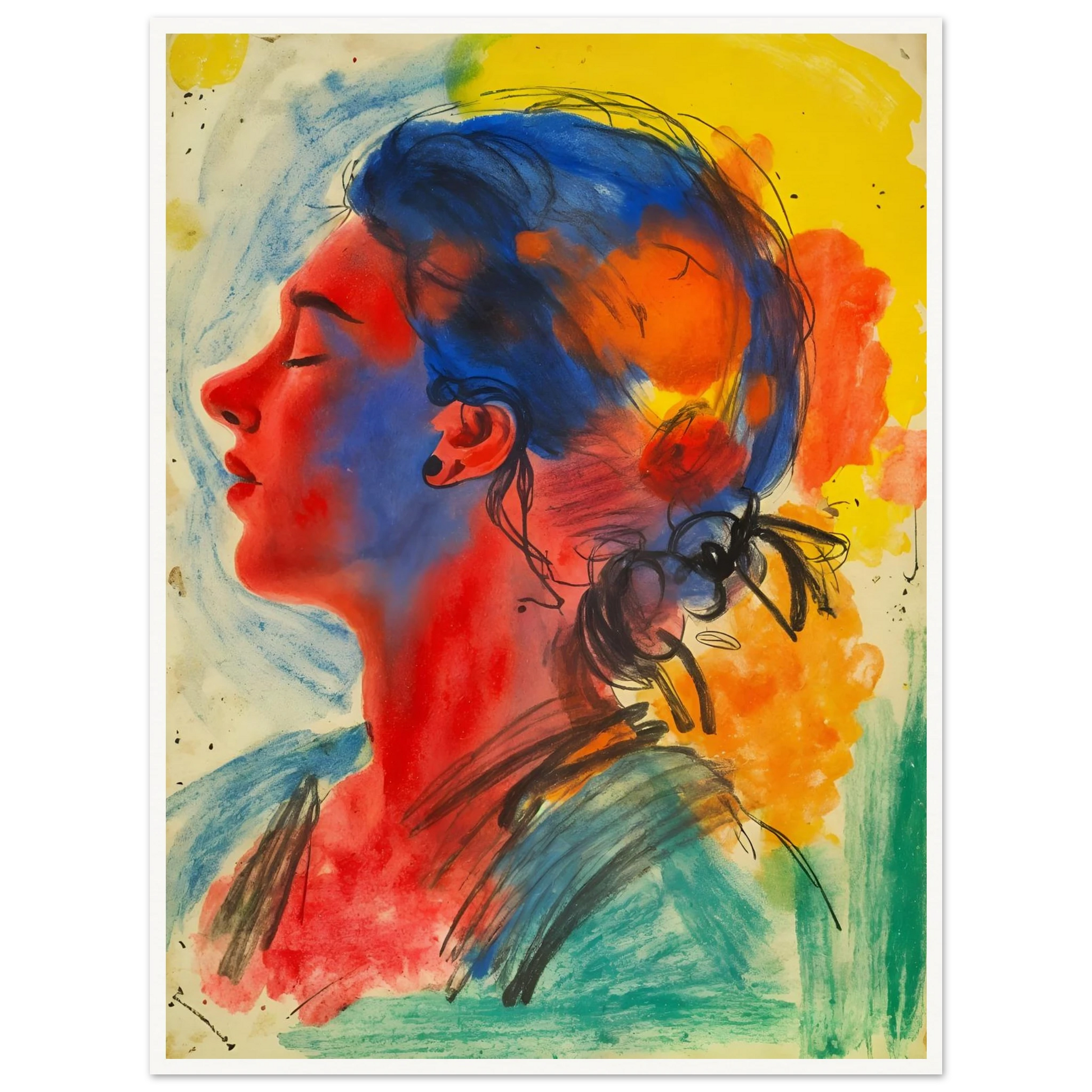 Vivid portrait of a serene woman in profile rendered with expressive blue, red, yellow, and orange washes against a luminous backdrop.