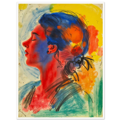 Vivid portrait of a serene woman in profile rendered with expressive blue, red, yellow, and orange washes against a luminous backdrop.