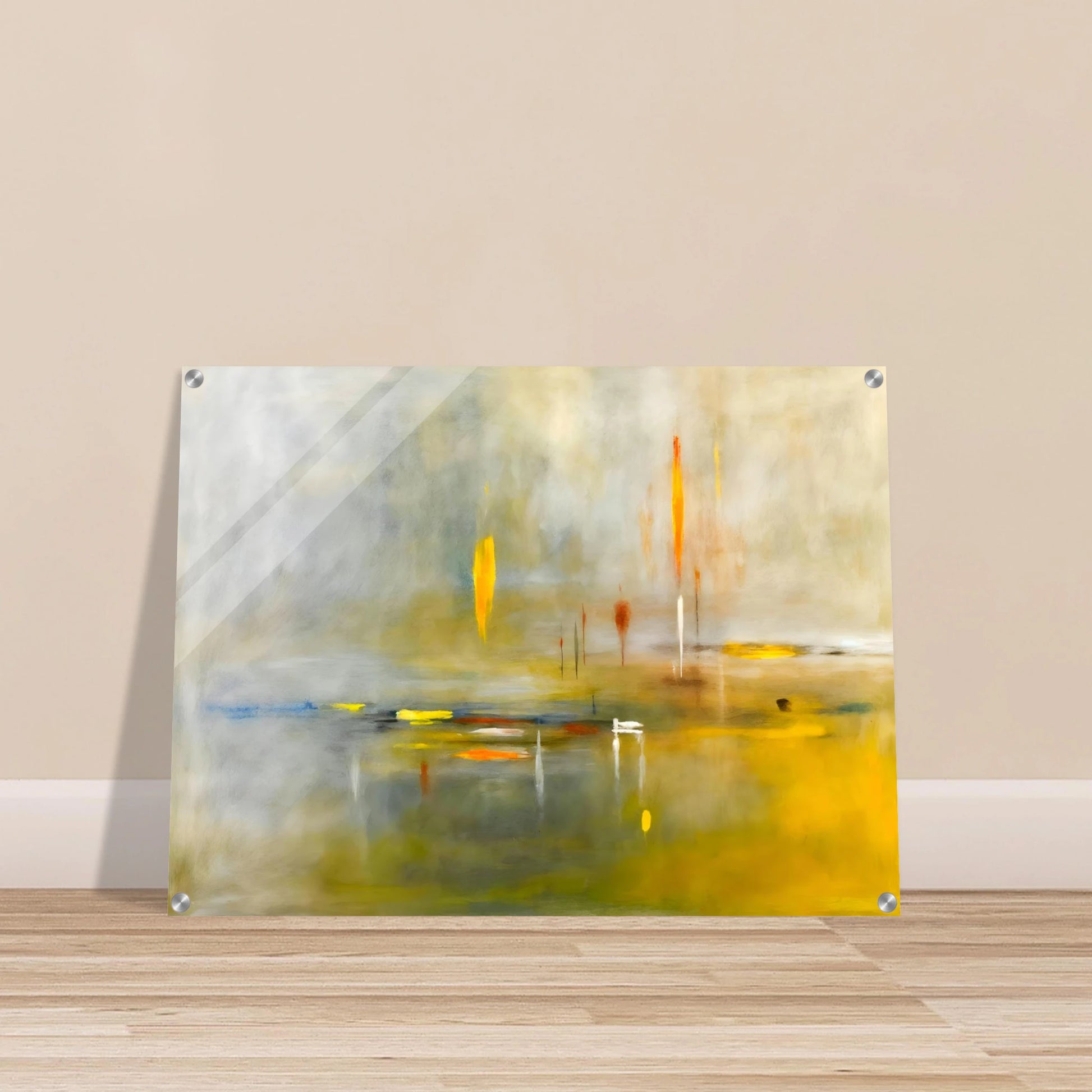 Ethereal waterscape with soft mist, luminous gold reflections, and delicate vertical lights drifting across a tranquil horizon.