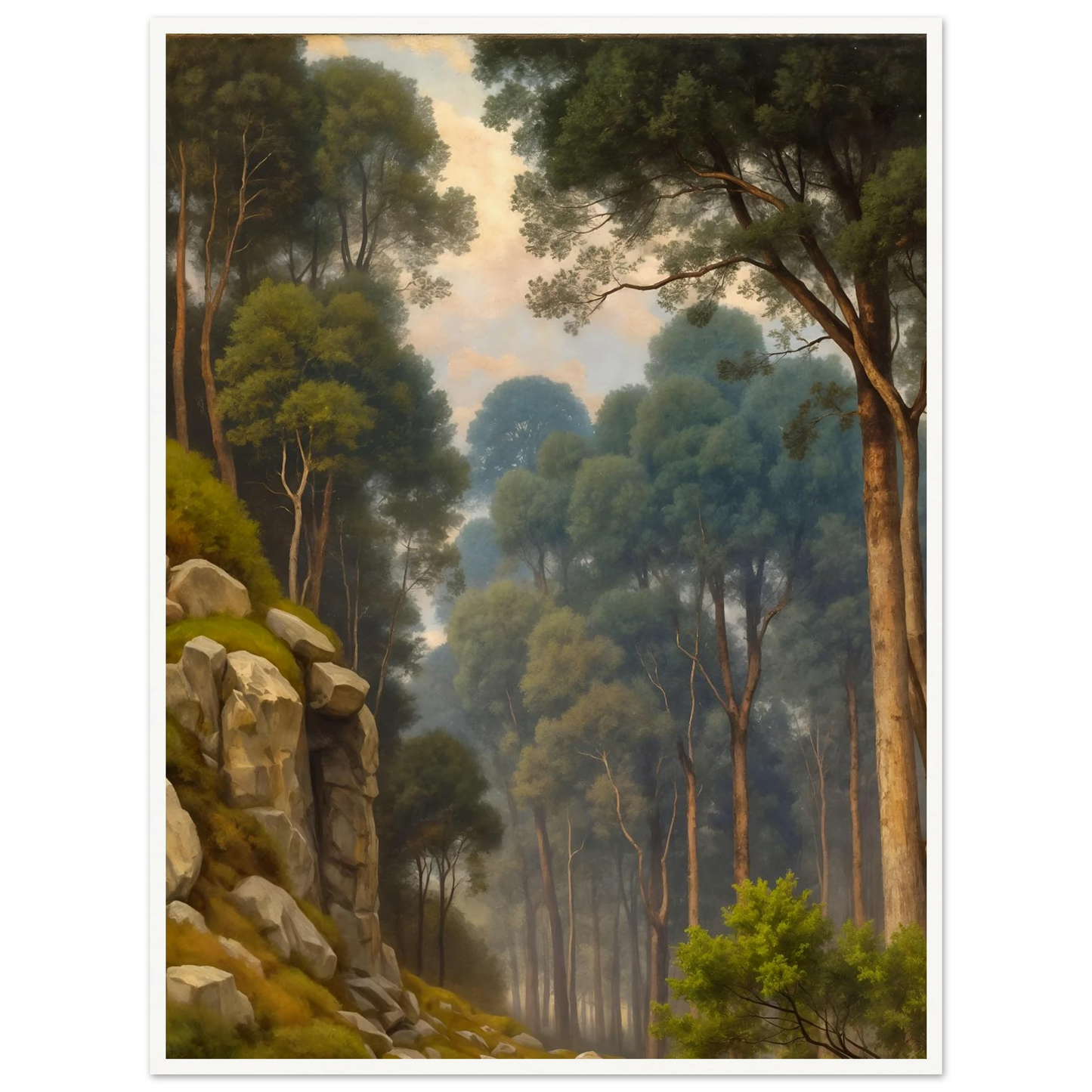 A serene woodland scene with towering pine trees, rocky slopes, soft morning light, and misty forest depth in lush green tones.