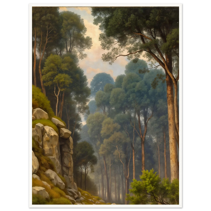 A serene woodland scene with towering pine trees, rocky slopes, soft morning light, and misty forest depth in lush green tones.