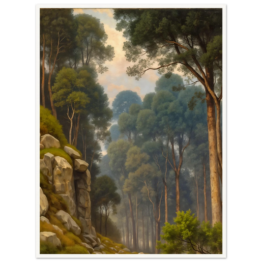 A serene woodland scene with towering pine trees, rocky slopes, soft morning light, and misty forest depth in lush green tones.