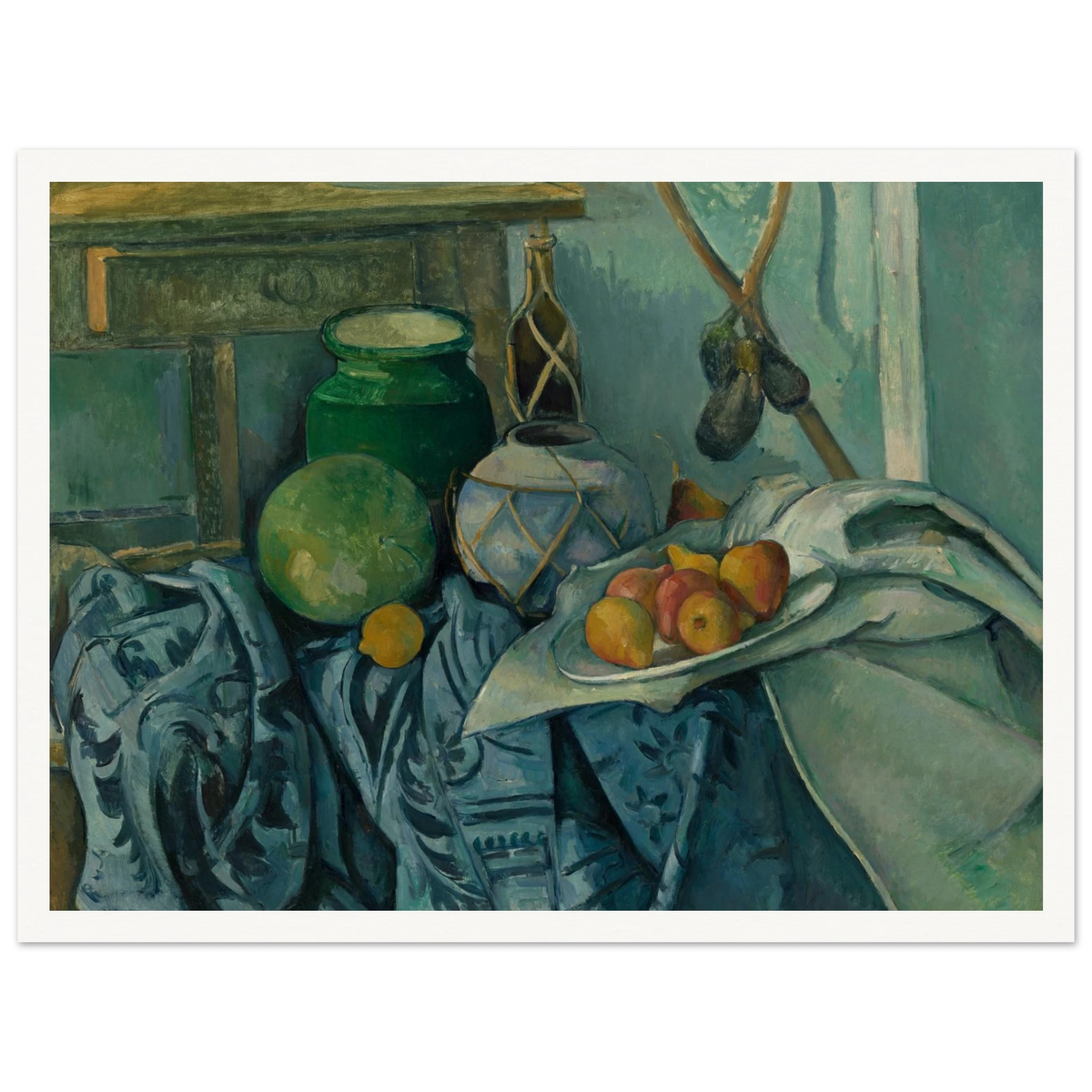 Ginger jar, green pot, fruit, cloth, and hanging eggplants arranged in a blue-toned still life