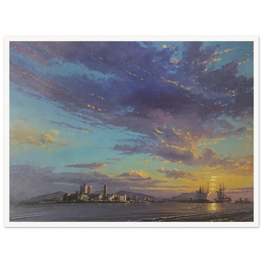 A stunning painting of a harbor at sunset, with ships anchored and a vibrant sky filled with hues of blue, purple, and orange.