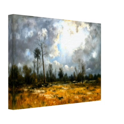 A dramatic meadow of golden grasses beneath towering storm clouds, where bright sunlight pierces through over sparse trees.