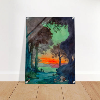 Sunset glows behind a forest clearing and mountain lake, framed by dark trees and vivid green and blue shadows.