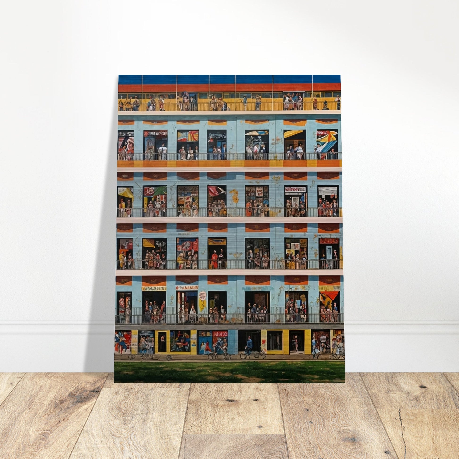 A detailed painting of a multistory building with numerous windows, each depicting different scenes of daily life.