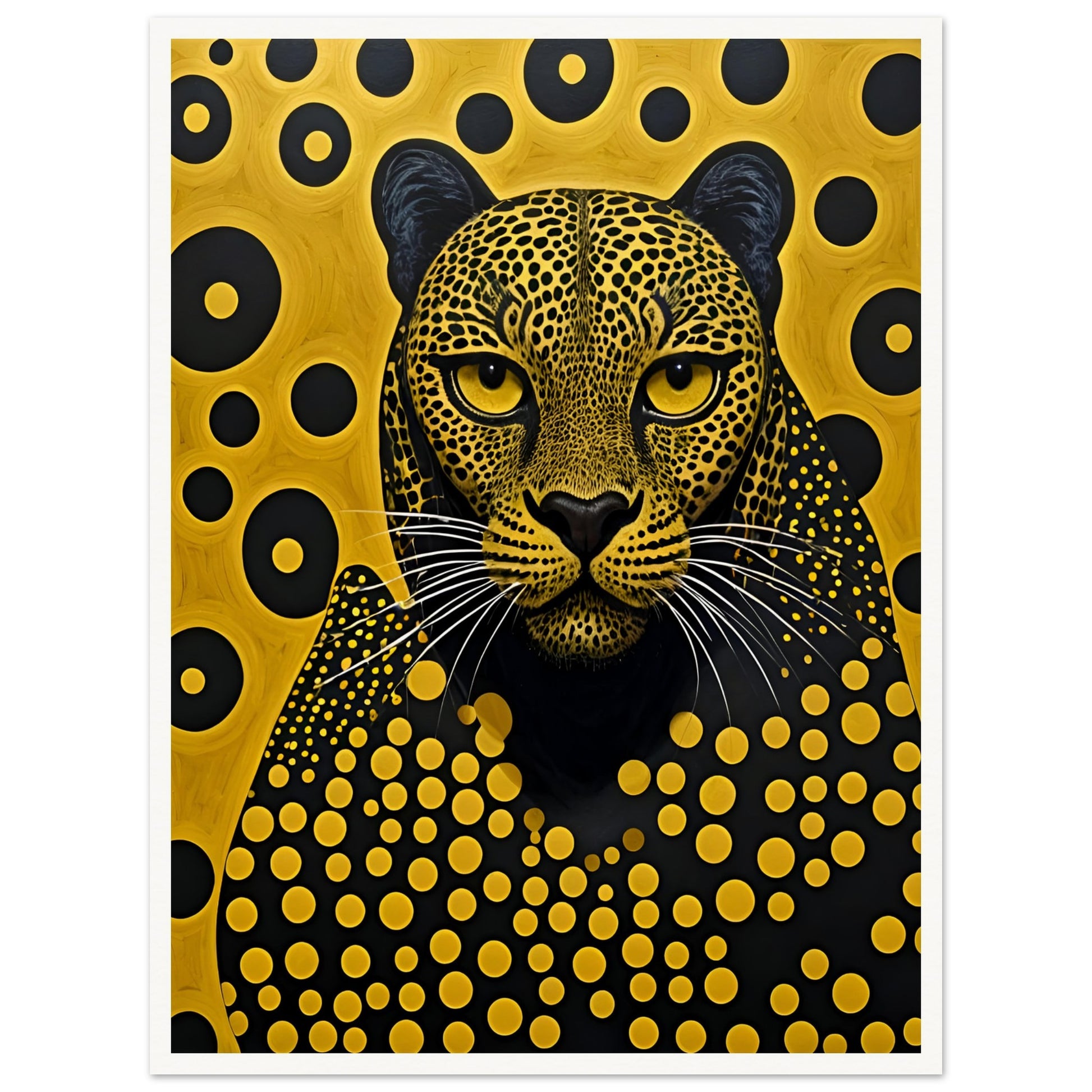 A striking portrait of a leopard with intricate golden spots, piercing eyes, and a mesmerizing geometric background of black and gold.