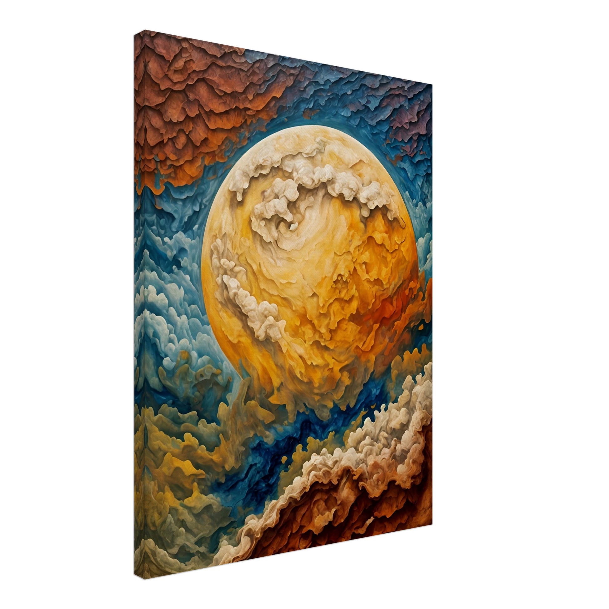 A mesmerizing cosmic painting depicting a massive swirling celestial body with fiery clouds in hues of gold, blue, and crimson.