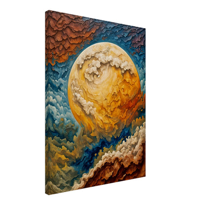 A mesmerizing cosmic painting depicting a massive swirling celestial body with fiery clouds in hues of gold, blue, and crimson.