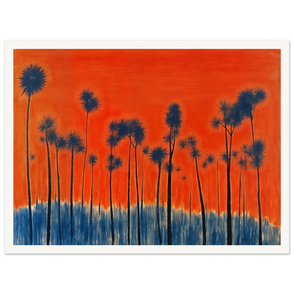 Dark silhouettes of tall palm-like trees rise against a vivid orange-red sky with deep blue ground tones, radiating intense warmth.