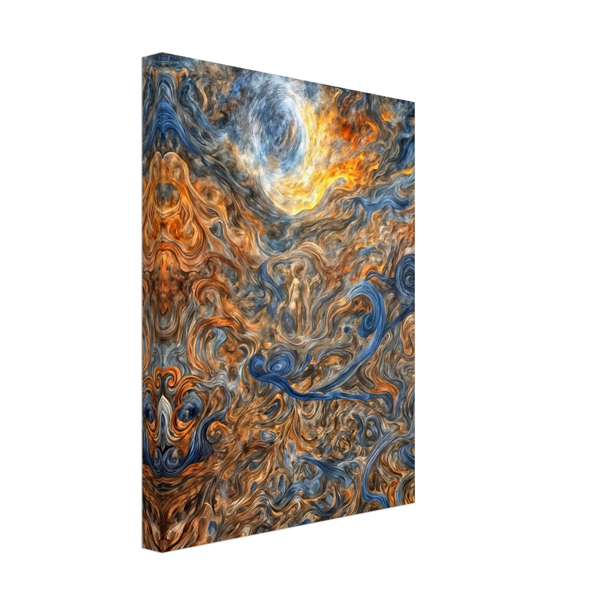 A mesmerizing depiction of swirling cosmic patterns with fiery orange, cool blue, and earthy brown tones, evoking celestial energy.