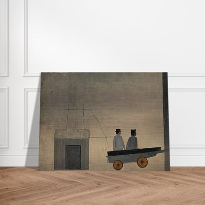 A minimalistic painting depicting two figures in a cart with orange wheels, set against a muted, textured background, creating a sense of mystery.