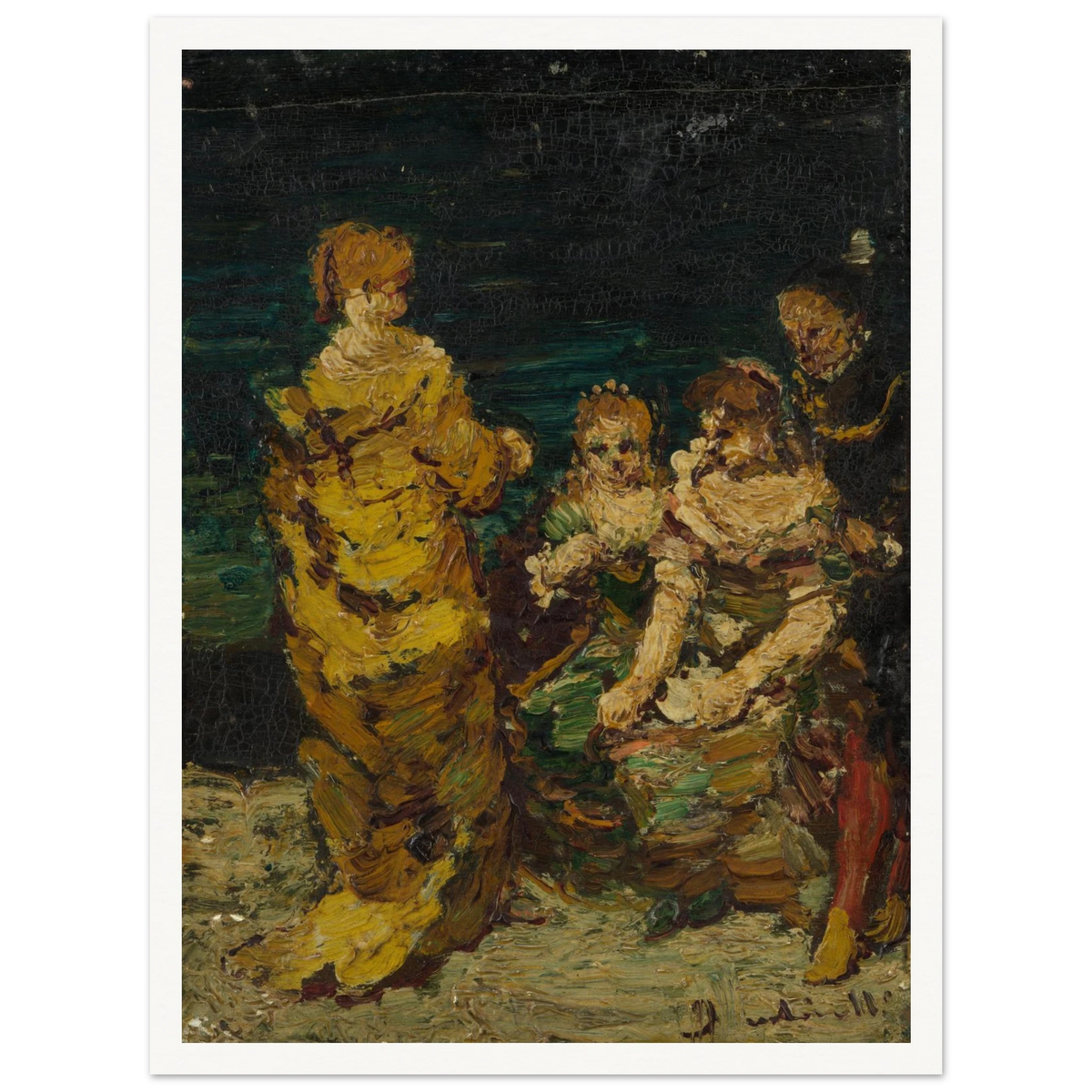 Four figures in rich period dress gather against a dark background with thick expressive brushwork.