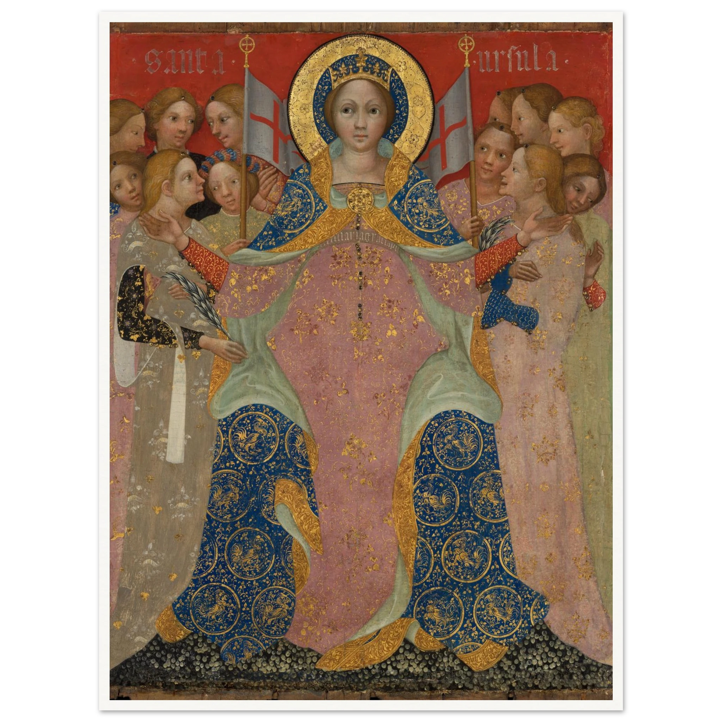 Saint Ursula stands with her maidens in ornate gold and blue robes against a red background