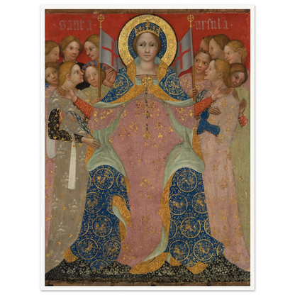 Saint Ursula stands with her maidens in ornate gold and blue robes against a red background