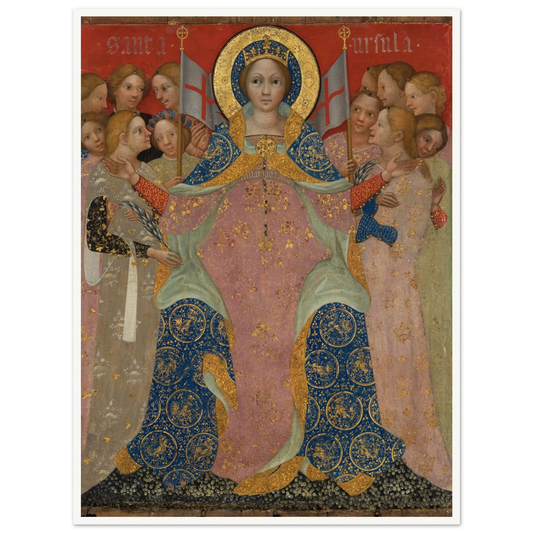 Saint Ursula stands with her maidens in ornate gold and blue robes against a red background