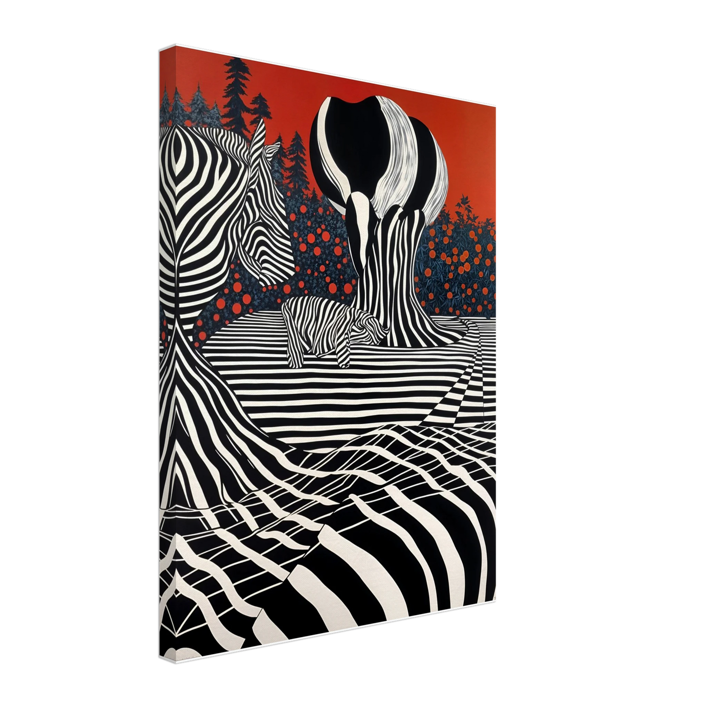 Stylized zebras and trees blend into black-and-white stripes against a deep red sky, merging nature with bold graphic art.