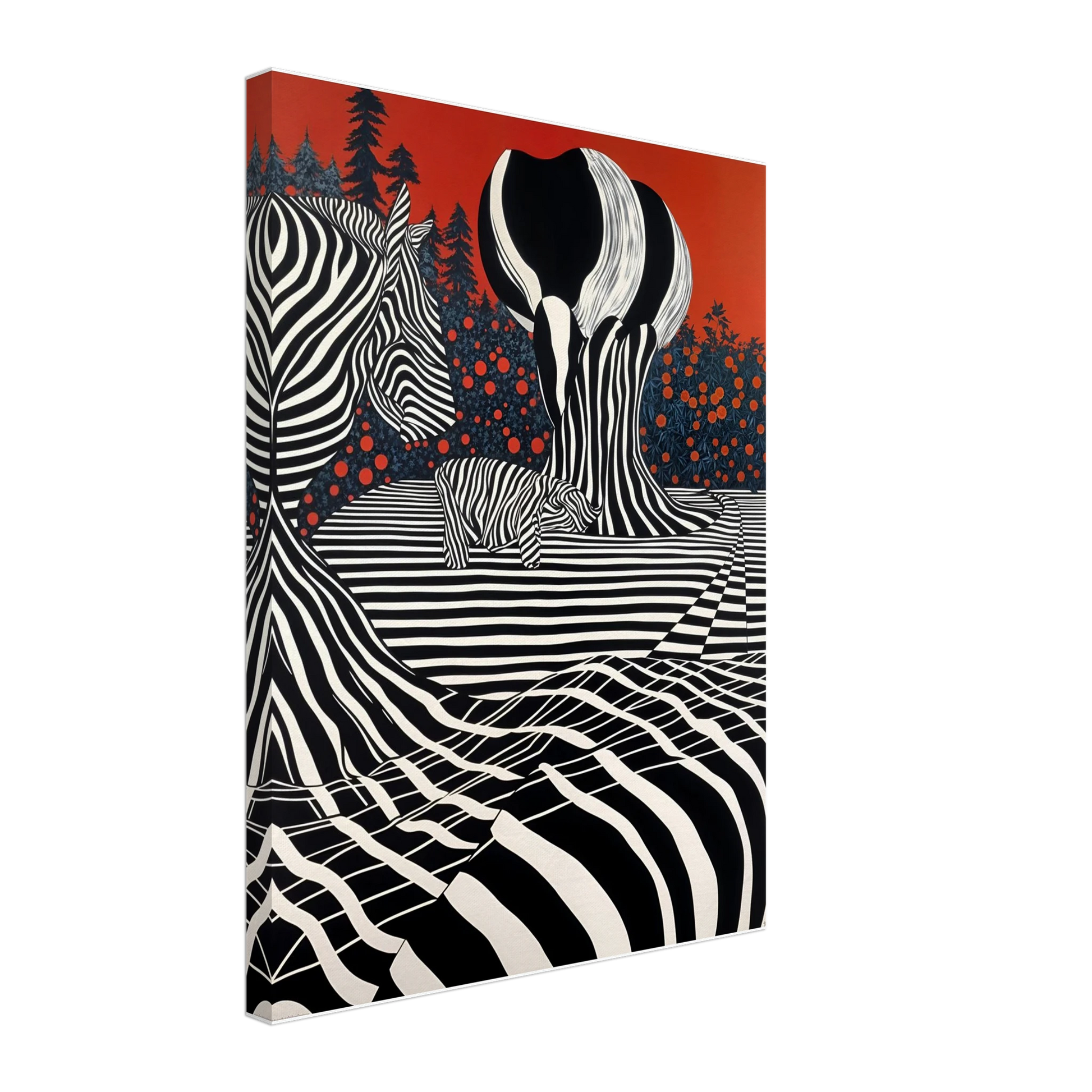 Stylized zebras and trees blend into black-and-white stripes against a deep red sky, merging nature with bold graphic art.