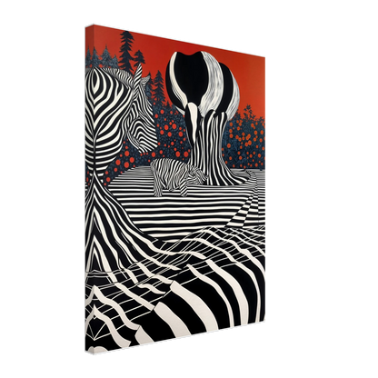 Stylized zebras and trees blend into black-and-white stripes against a deep red sky, merging nature with bold graphic art.
