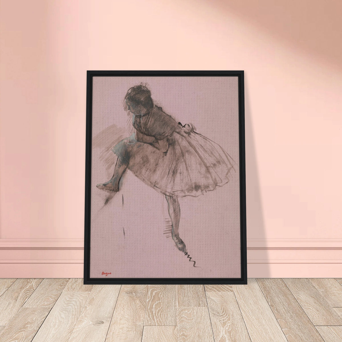 A seated ballerina in a full tutu bends forward, rendered in dark strokes on soft pink paper.
