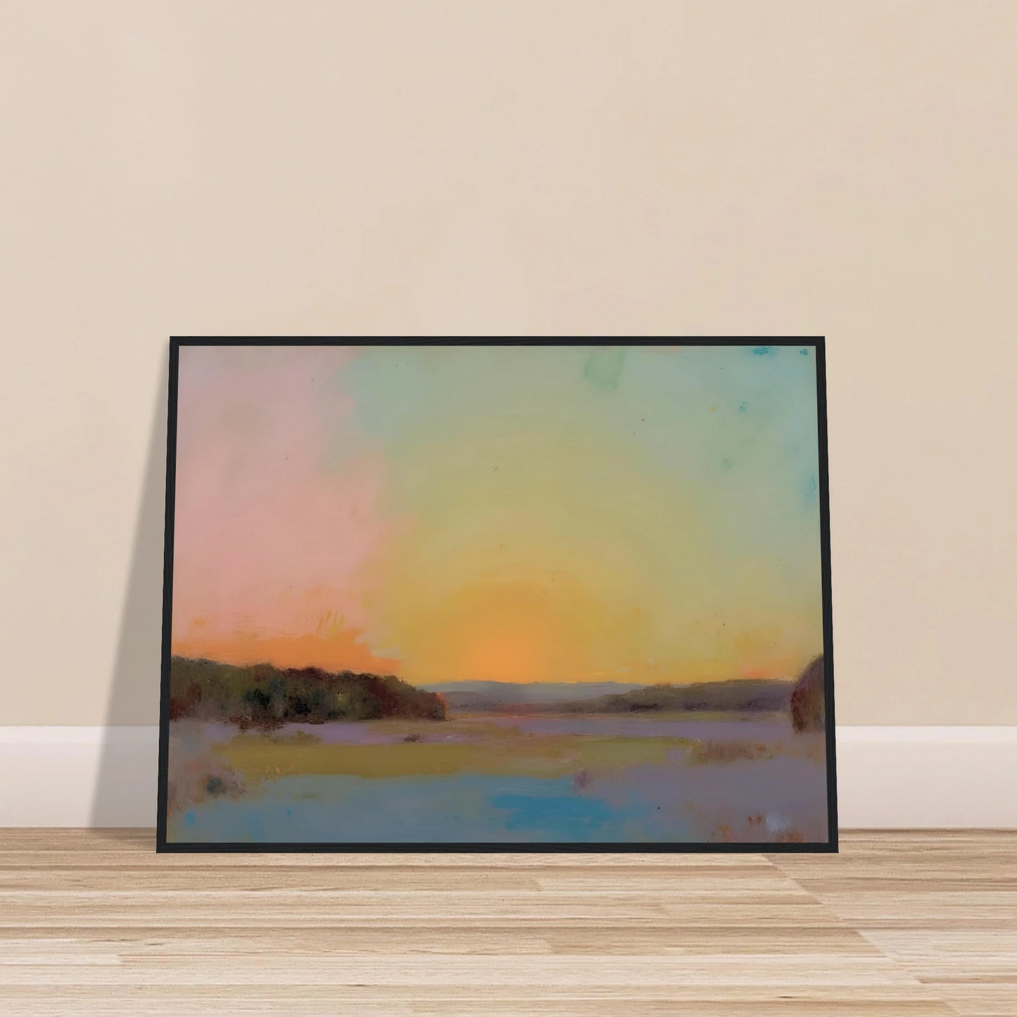 A pastel-toned sunrise casts soft pink, yellow, and blue hues over tranquil open fields bordered by distant trees.