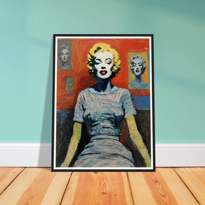 A colorful painting of a woman with blonde hair and vibrant makeup, inspired by the style of Marilyn Monroe.