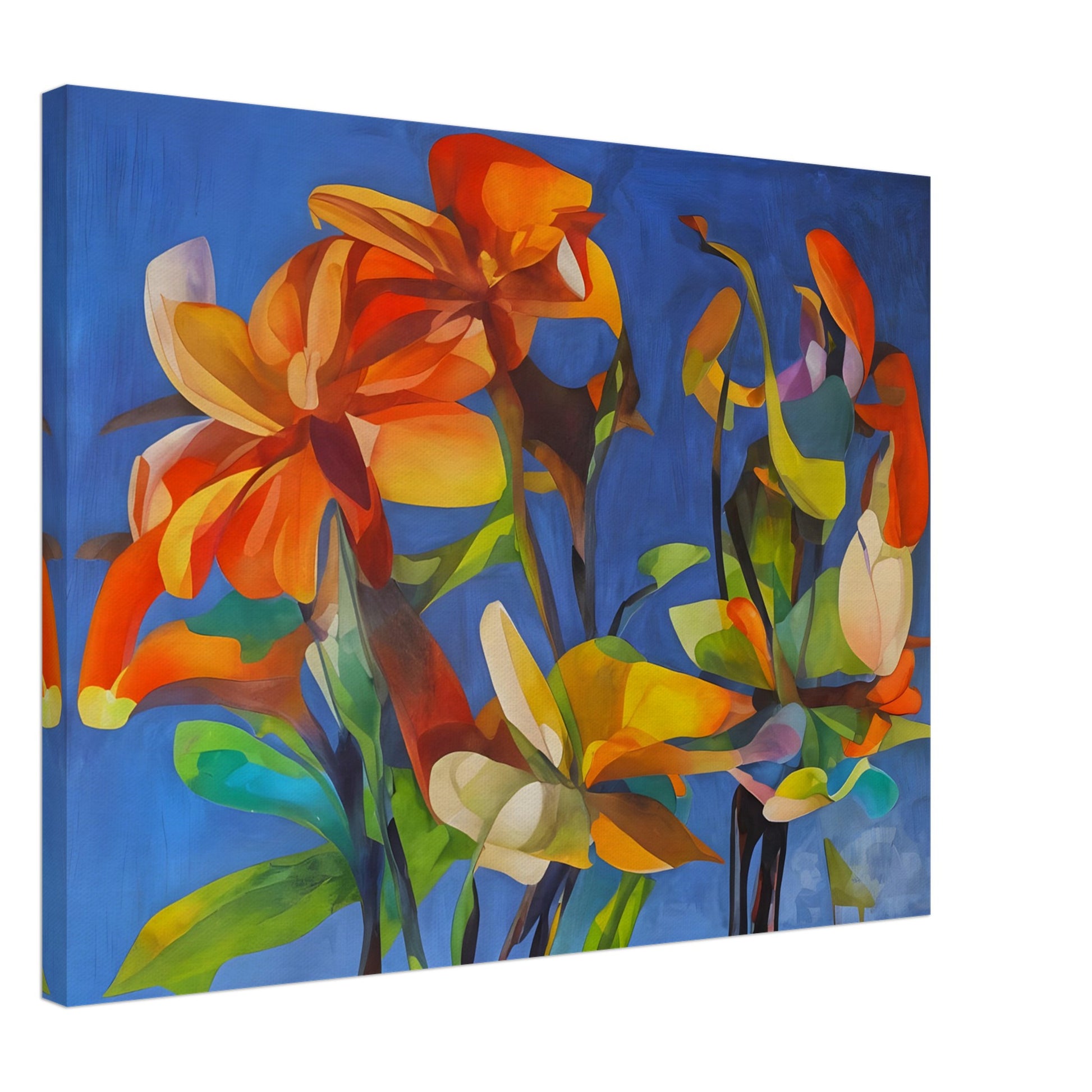 A vibrant floral painting with bold orange, yellow, and green flowers against a deep blue background, creating a striking contrast of warm and cool tones