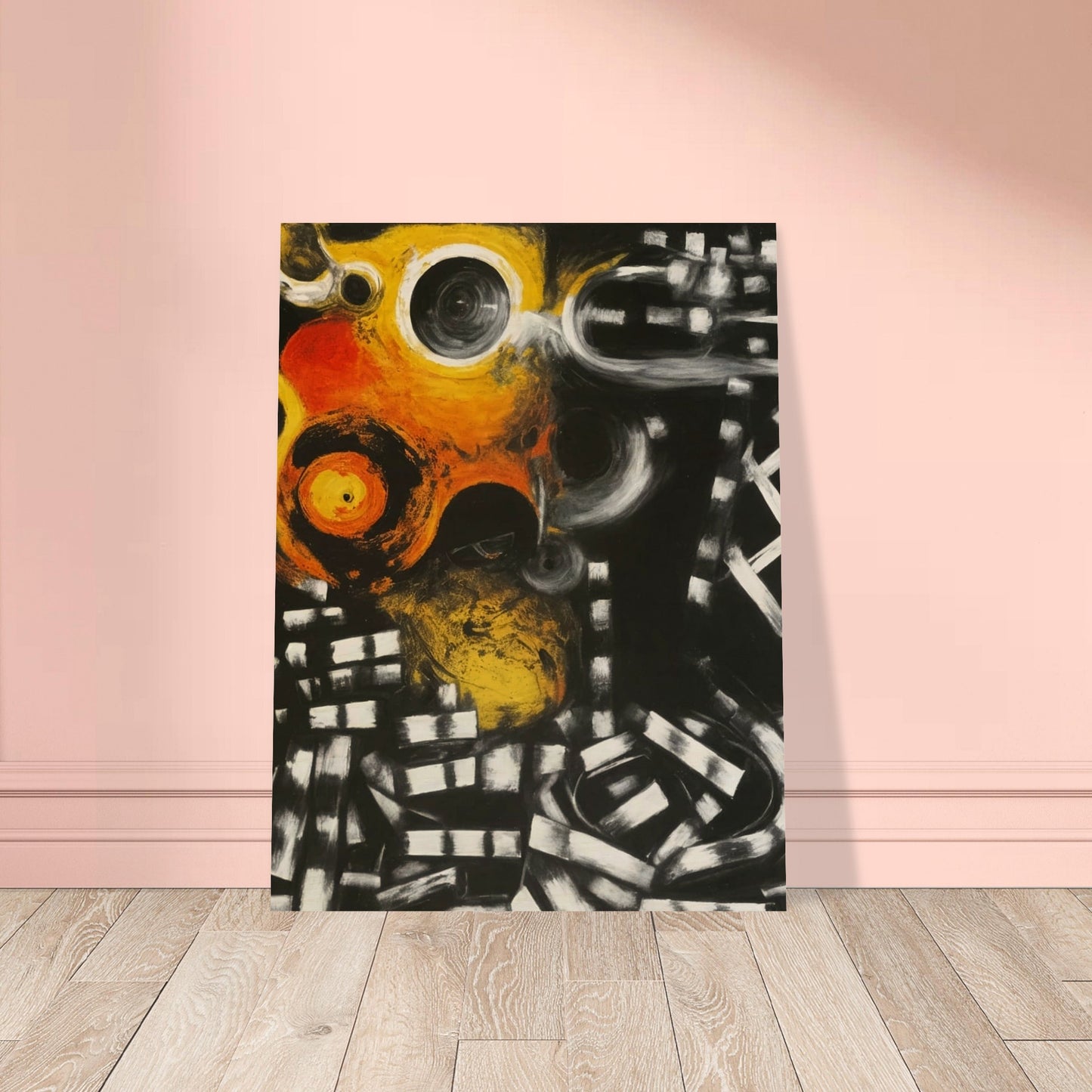 Abstract painting with fiery orange and yellow circles against a dark background, evoking a sense of cosmic energy and motion.