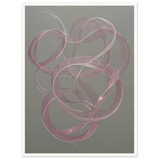 Delicate pink loops float gracefully against a muted gray background, creating a sense of movement and elegance in a tranquil space.