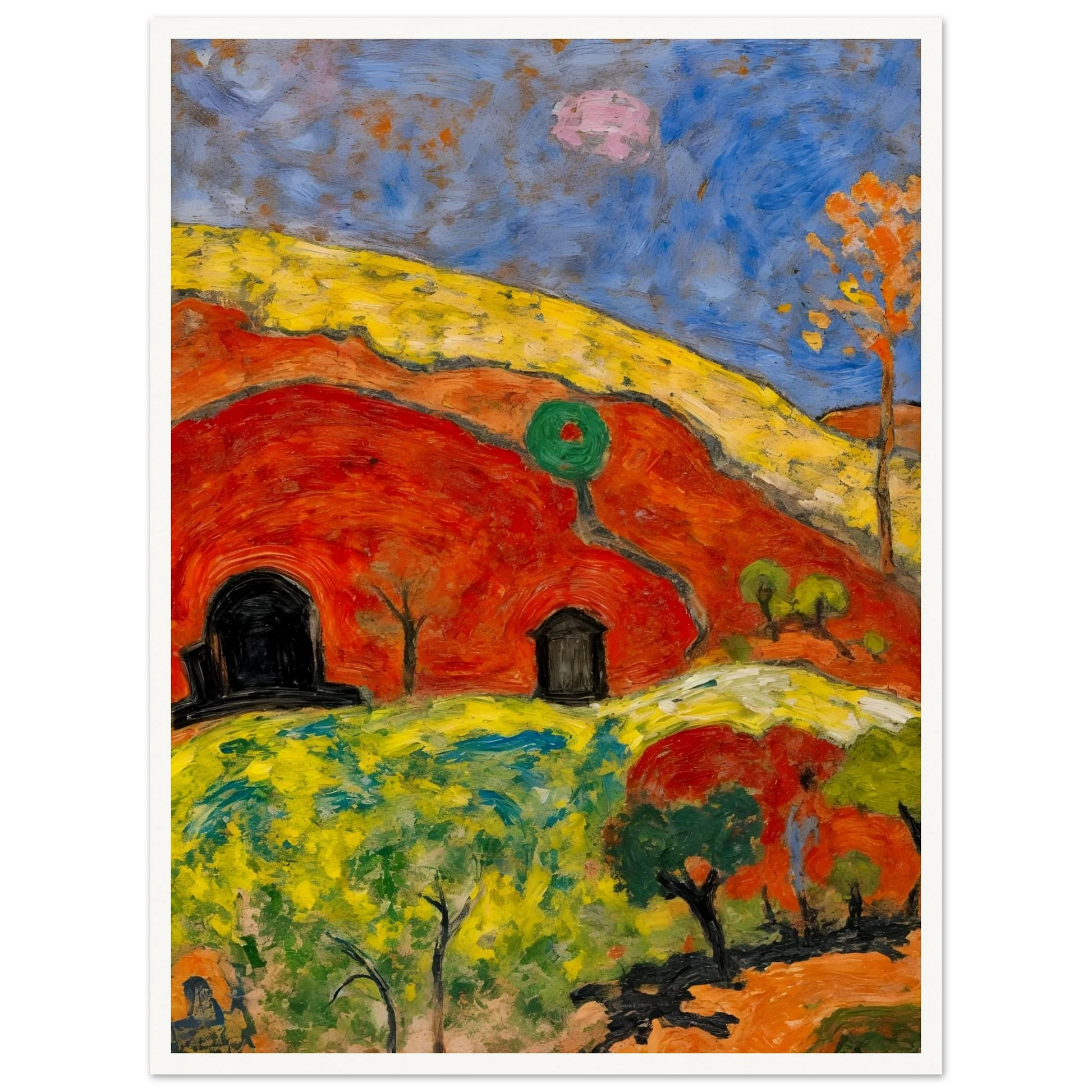 A vibrant expressionist landscape depicting red-orange hills with cave-like dwellings, scattered trees, rolling yellow-green fields, and a deep blue sky illuminated by a pale moon.