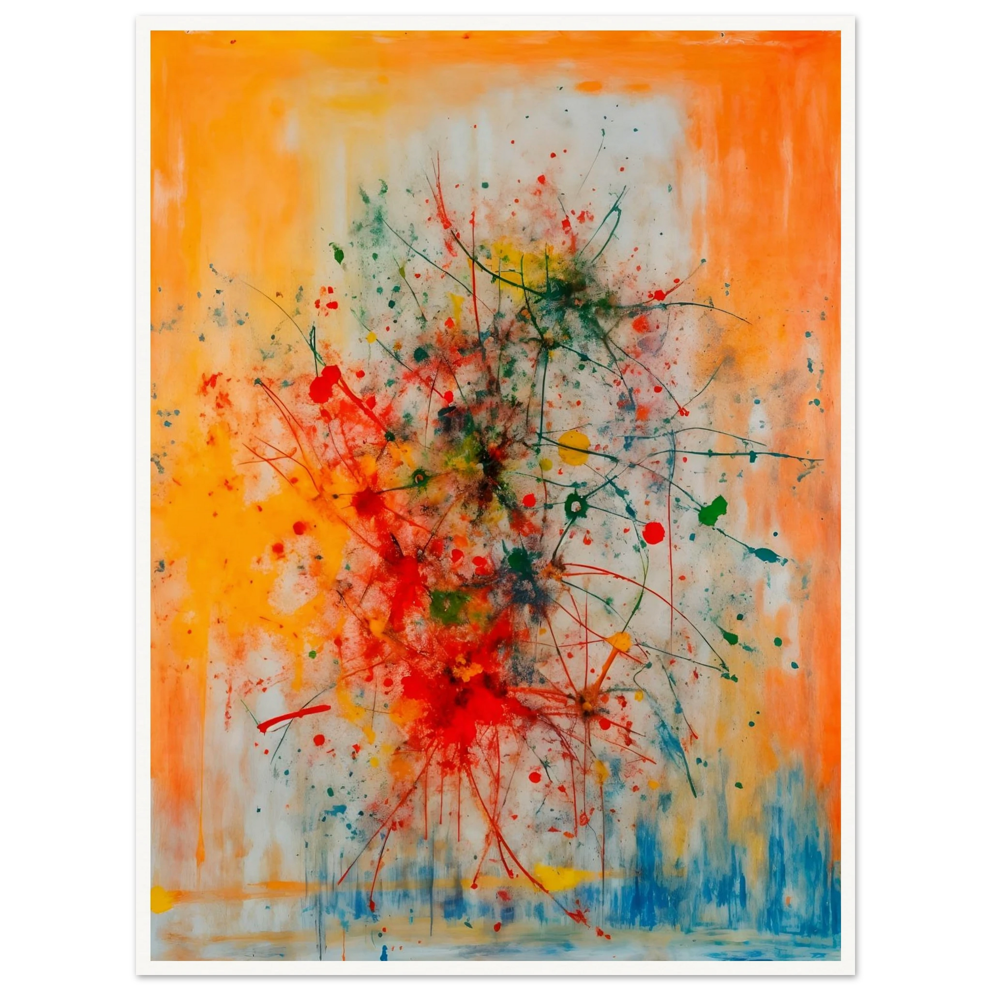 Vivid splashes of red, yellow, blue, and green burst across an orange canvas, evoking movement, chaos, and creative energy.