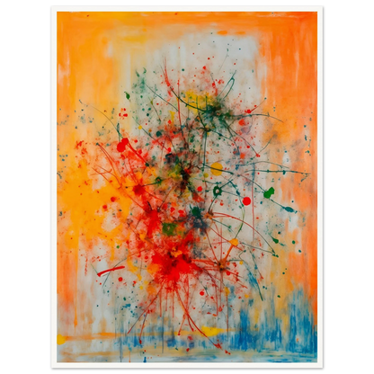 Vivid splashes of red, yellow, blue, and green burst across an orange canvas, evoking movement, chaos, and creative energy.