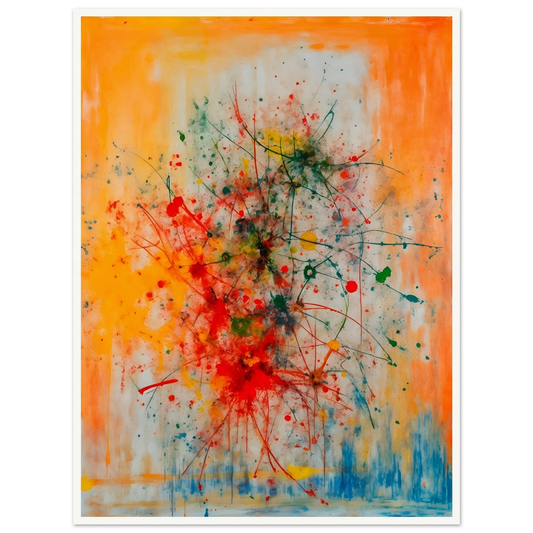 Vivid splashes of red, yellow, blue, and green burst across an orange canvas, evoking movement, chaos, and creative energy.