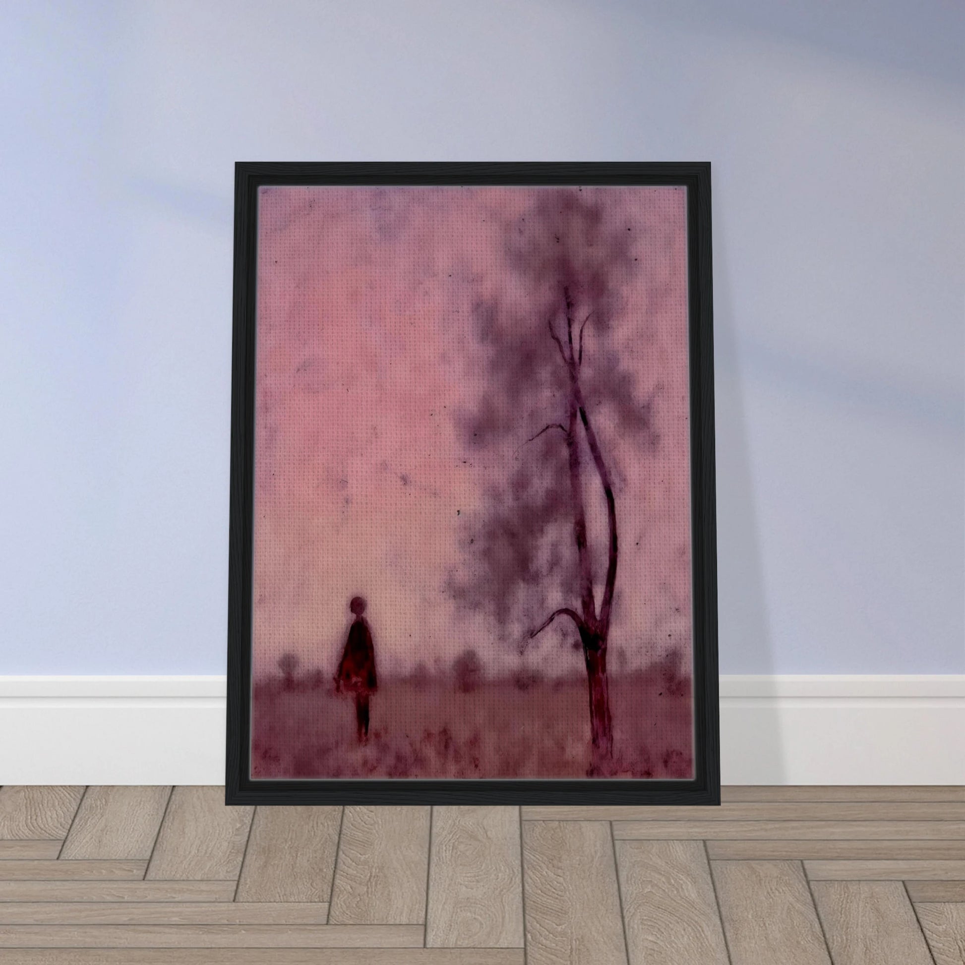 A solitary figure stands in a hazy pink field beside a tree, enveloped by a dreamlike, muted magenta atmosphere.