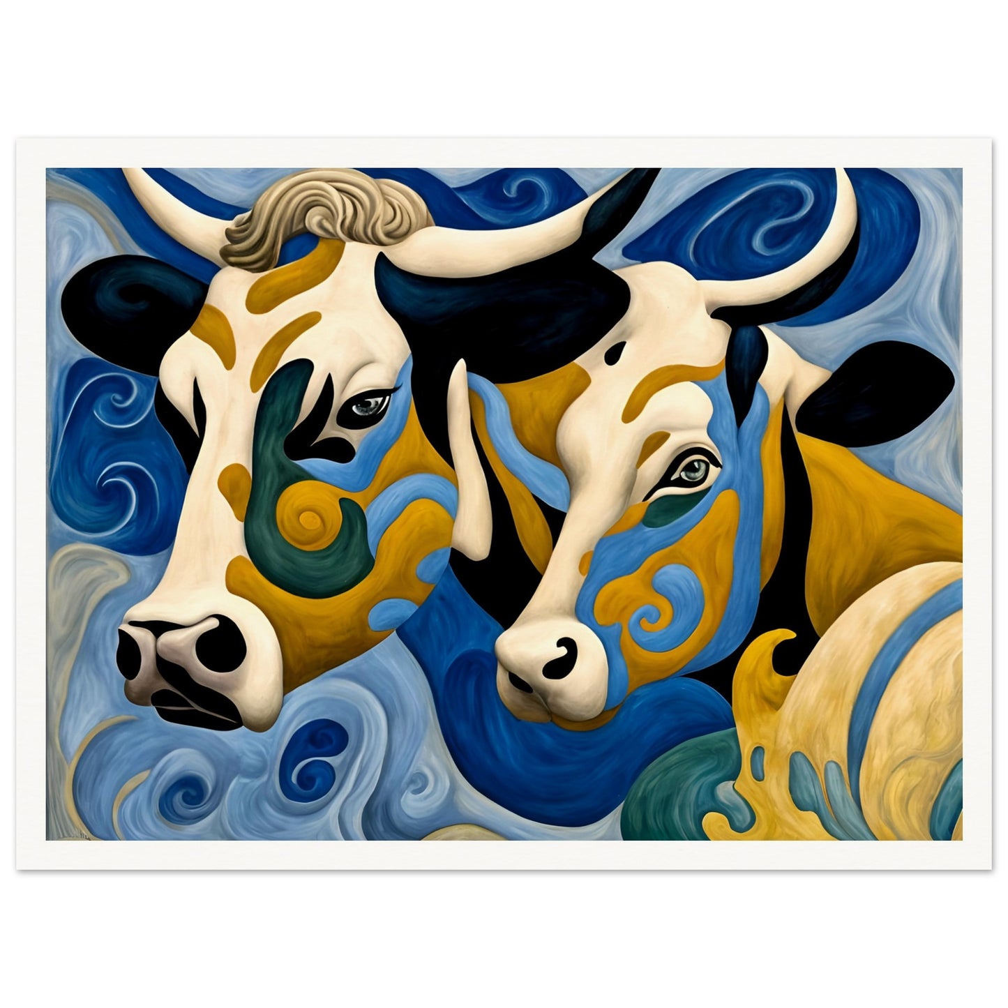 A surreal painting of two cows with intricate swirling patterns of blue, gold, and black, blending into a flowing, dreamlike background.