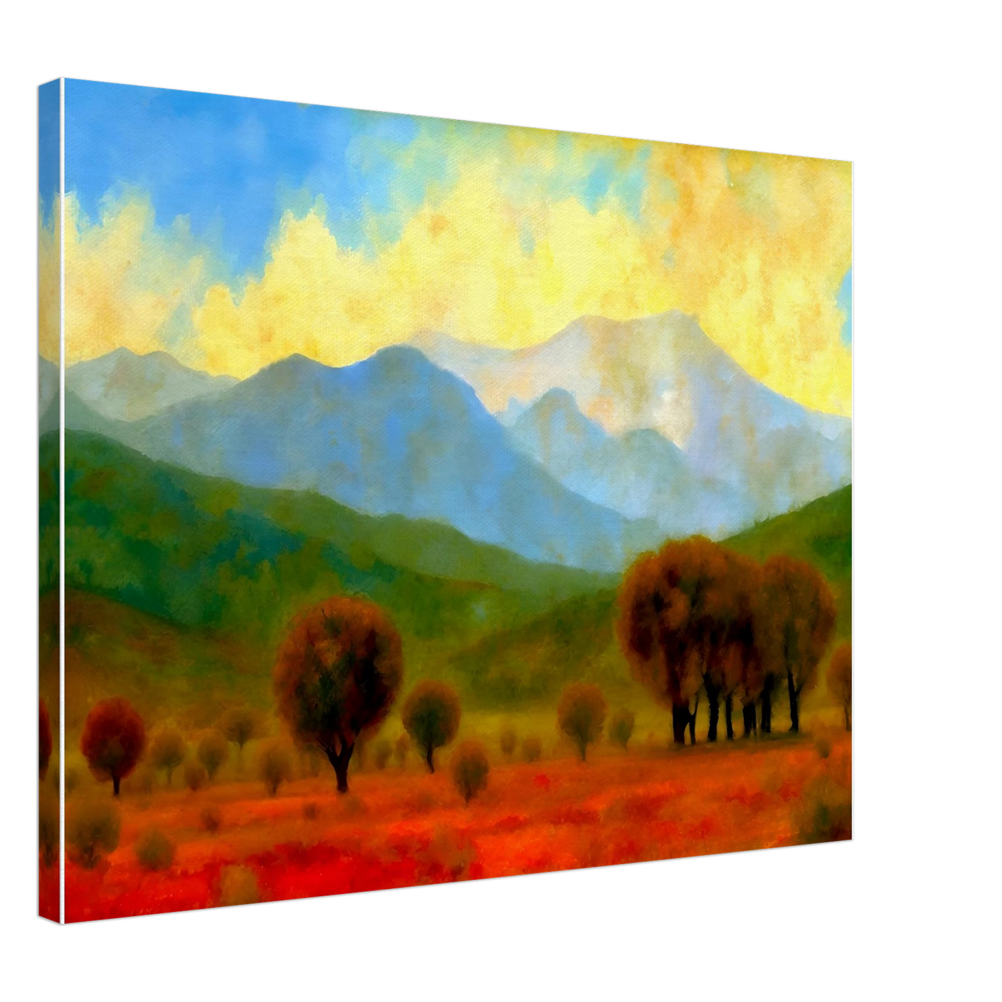 Warm autumn trees stretch across a fiery red field with misty blue mountains and a glowing yellow sky in the distance.