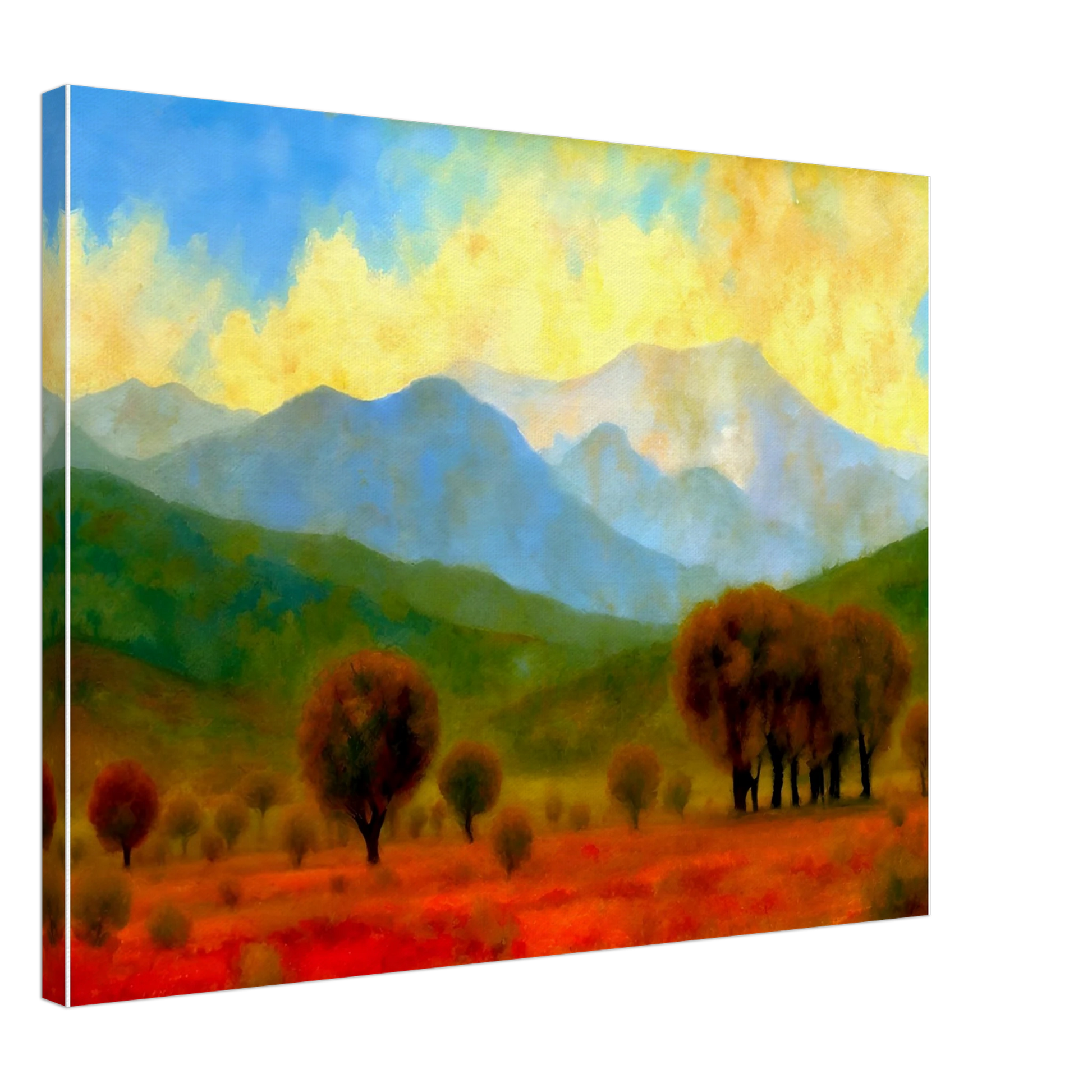 Warm autumn trees stretch across a fiery red field with misty blue mountains and a glowing yellow sky in the distance.