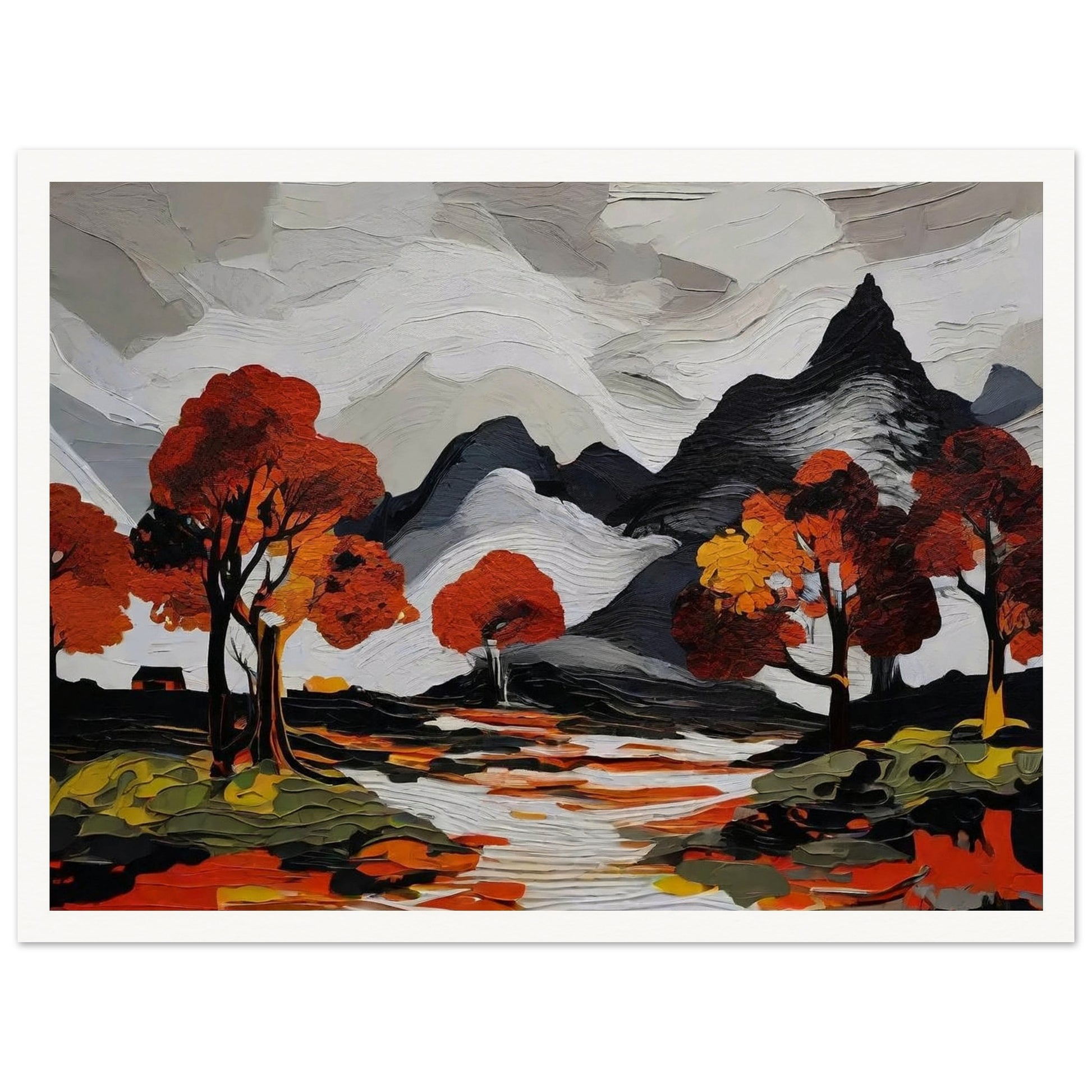 A striking painting of mountains with autumn trees reflected in a river, featuring vivid reds and oranges.