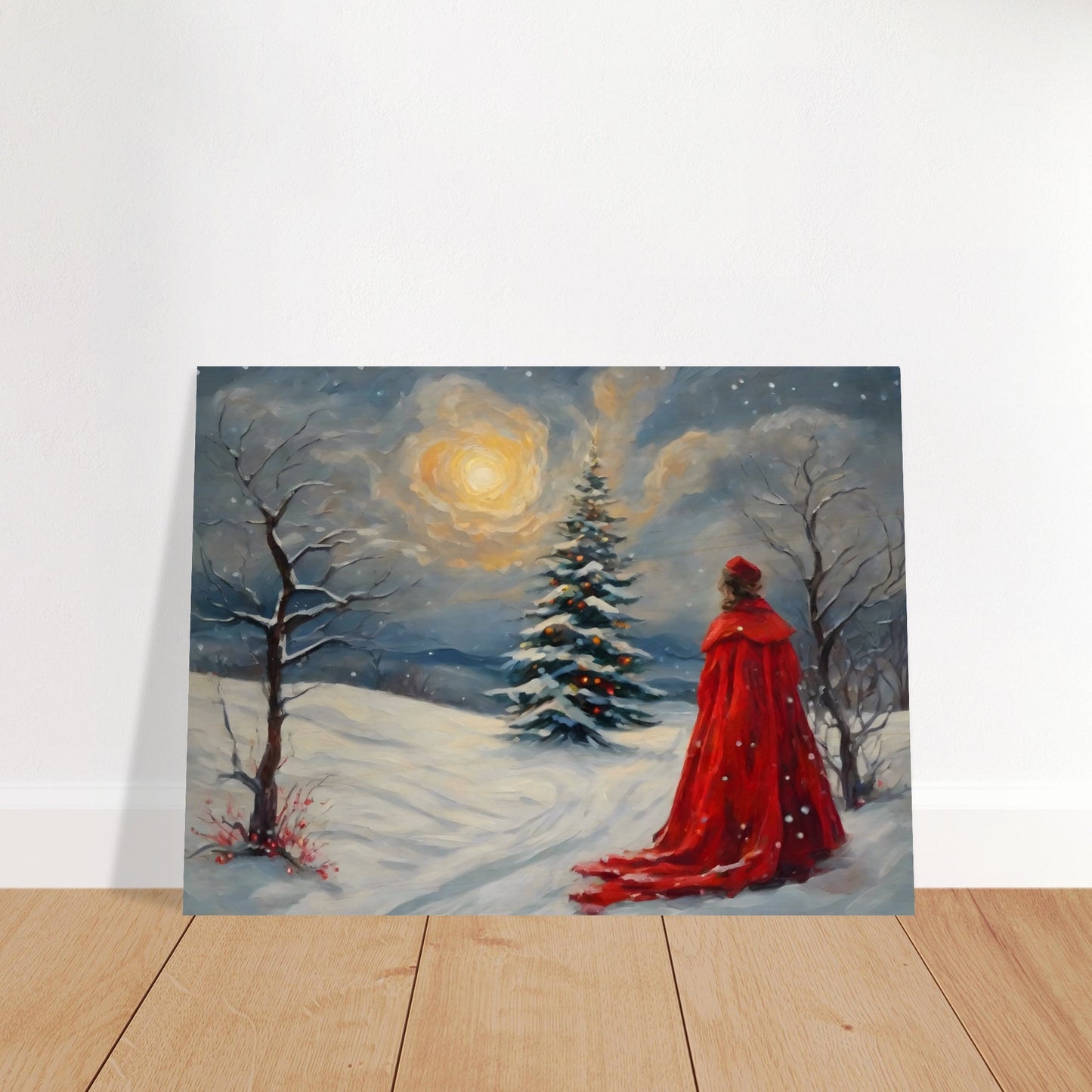 A woman in a flowing red cloak gazes at a glowing Christmas tree in a snowy landscape, illuminated by a radiant moon and serene winter sky.