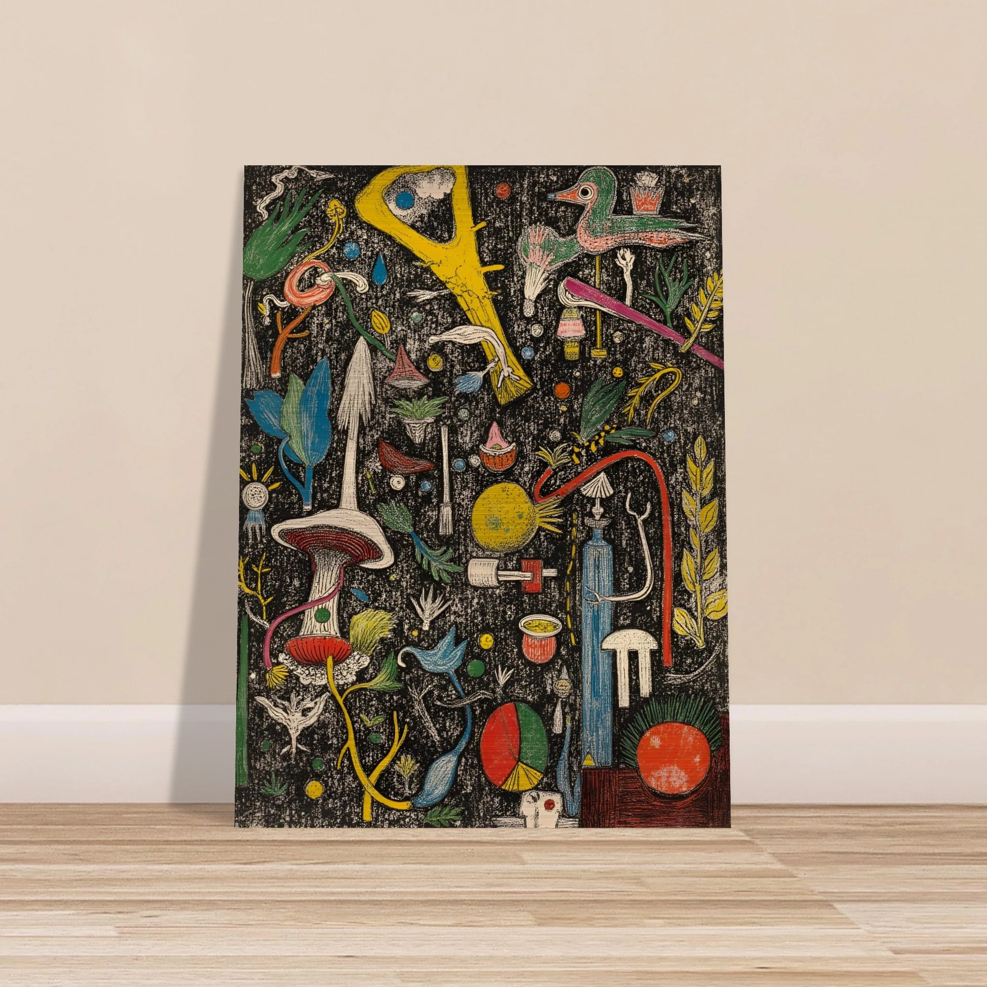 A dense and whimsical collage of surreal plants, tools, birds, and symbols scattered over a textured black background.