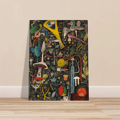 A dense and whimsical collage of surreal plants, tools, birds, and symbols scattered over a textured black background.