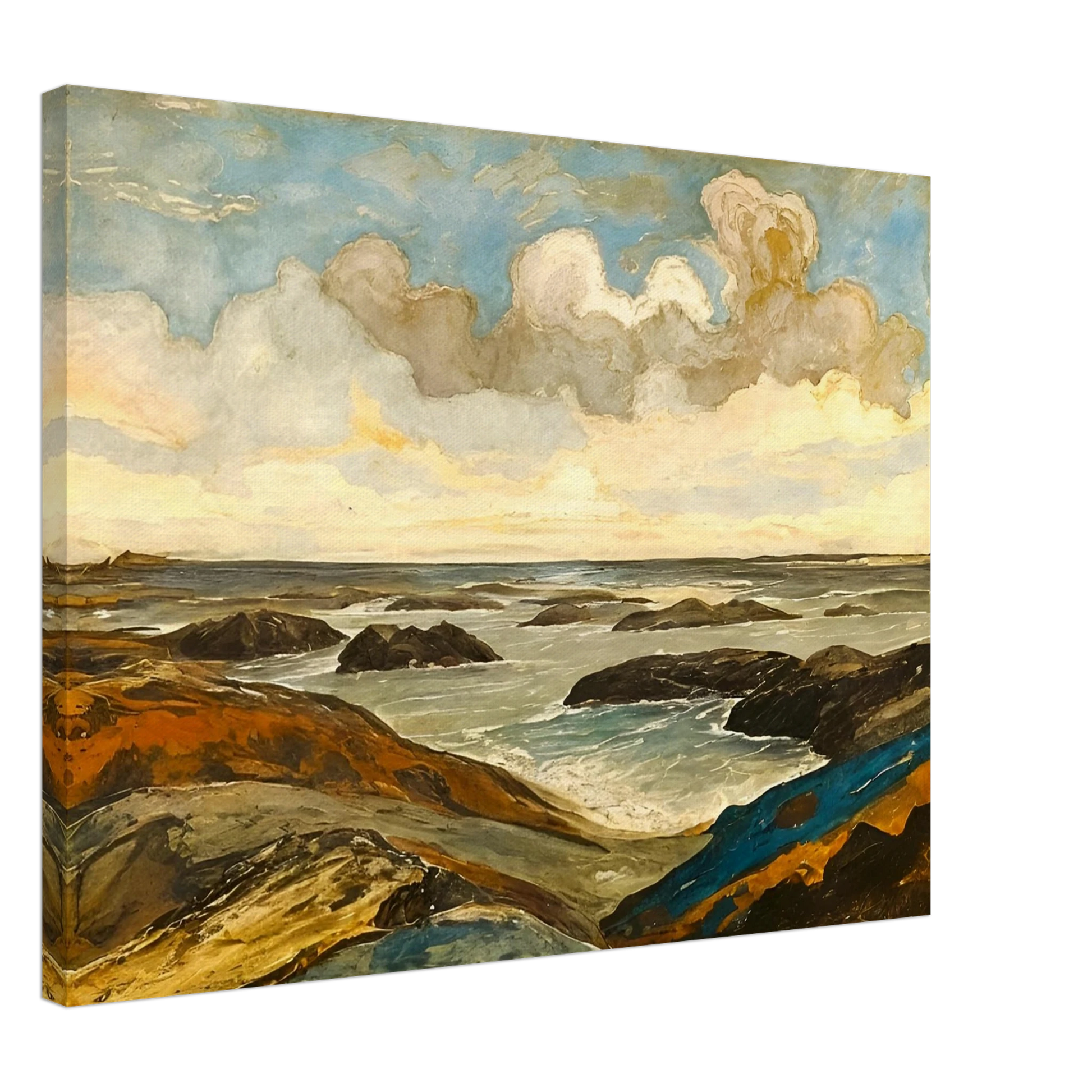 Rocky seashore with dark stones and rolling waves beneath a dramatic sky of shifting clouds and golden sunlight.