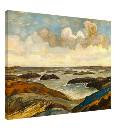Rocky seashore with dark stones and rolling waves beneath a dramatic sky of shifting clouds and golden sunlight.