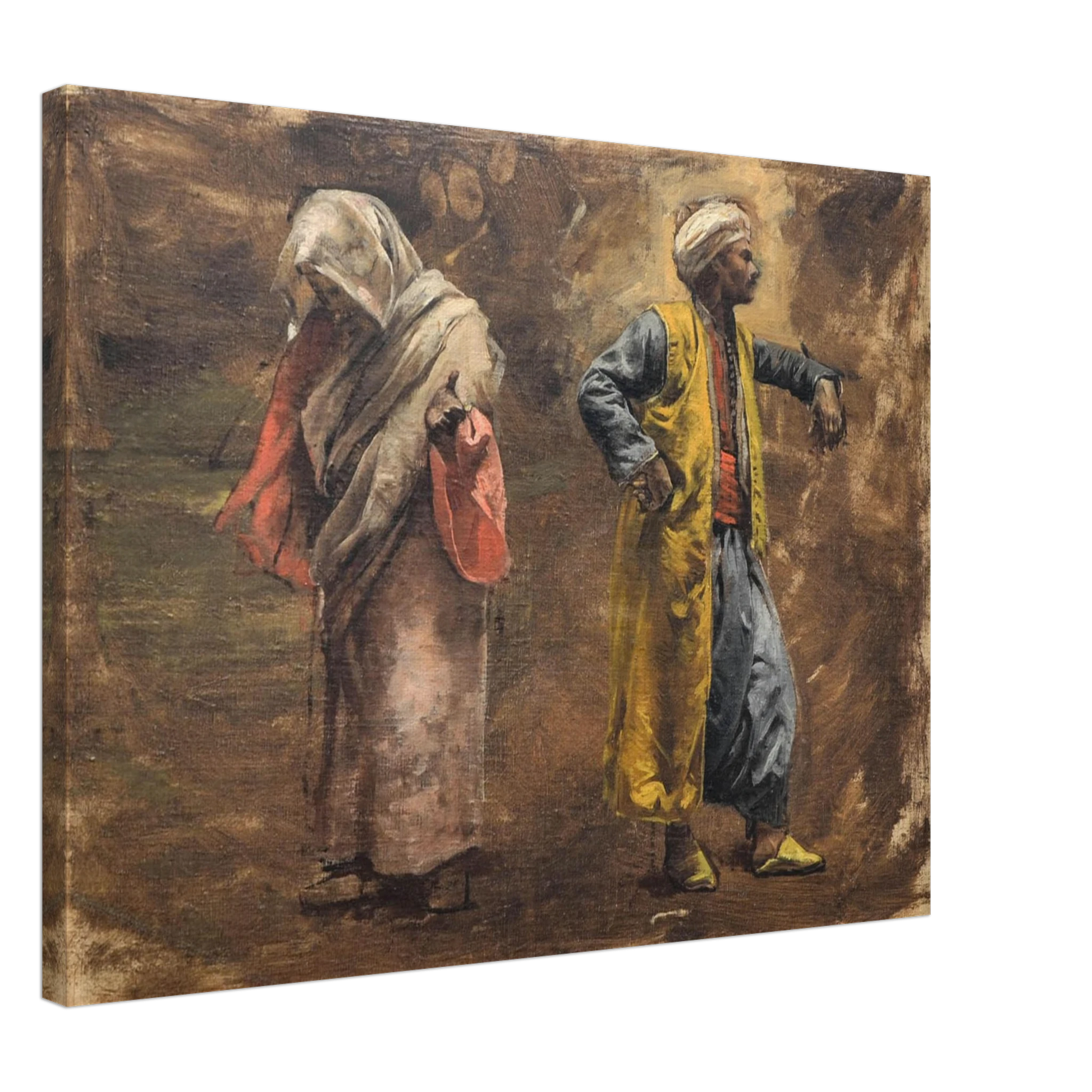 A veiled woman and turbaned man in colorful robes stand against a warm, painterly brown background.
