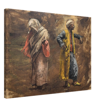A veiled woman and turbaned man in colorful robes stand against a warm, painterly brown background.